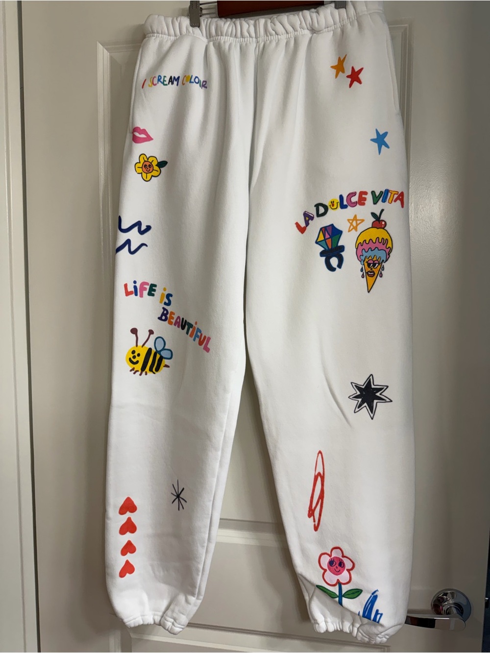 White Graphic Track Joggers - Life Is Beautiful Print